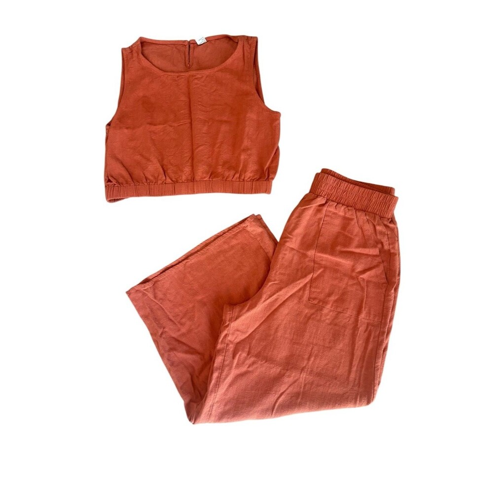 Anrabess Crop Top and Wide Leg Pants Set Linen Blend Womens Medium In Rust